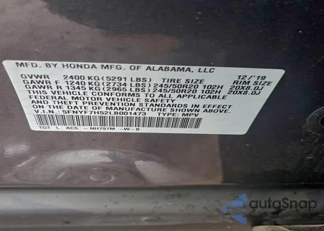 2020 Honda Passport Exl z USA, uszkodzony, nr VIN 5FNYF7H52LB001473